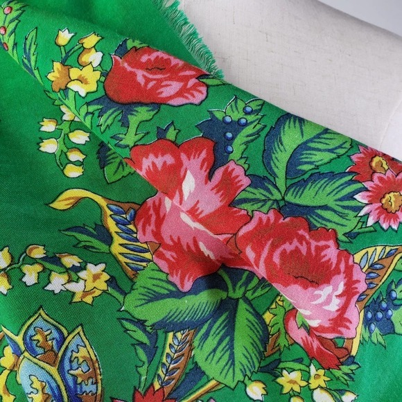 Vintage Challis Square Scarf Green Pink Floral - Picture 4 of 8